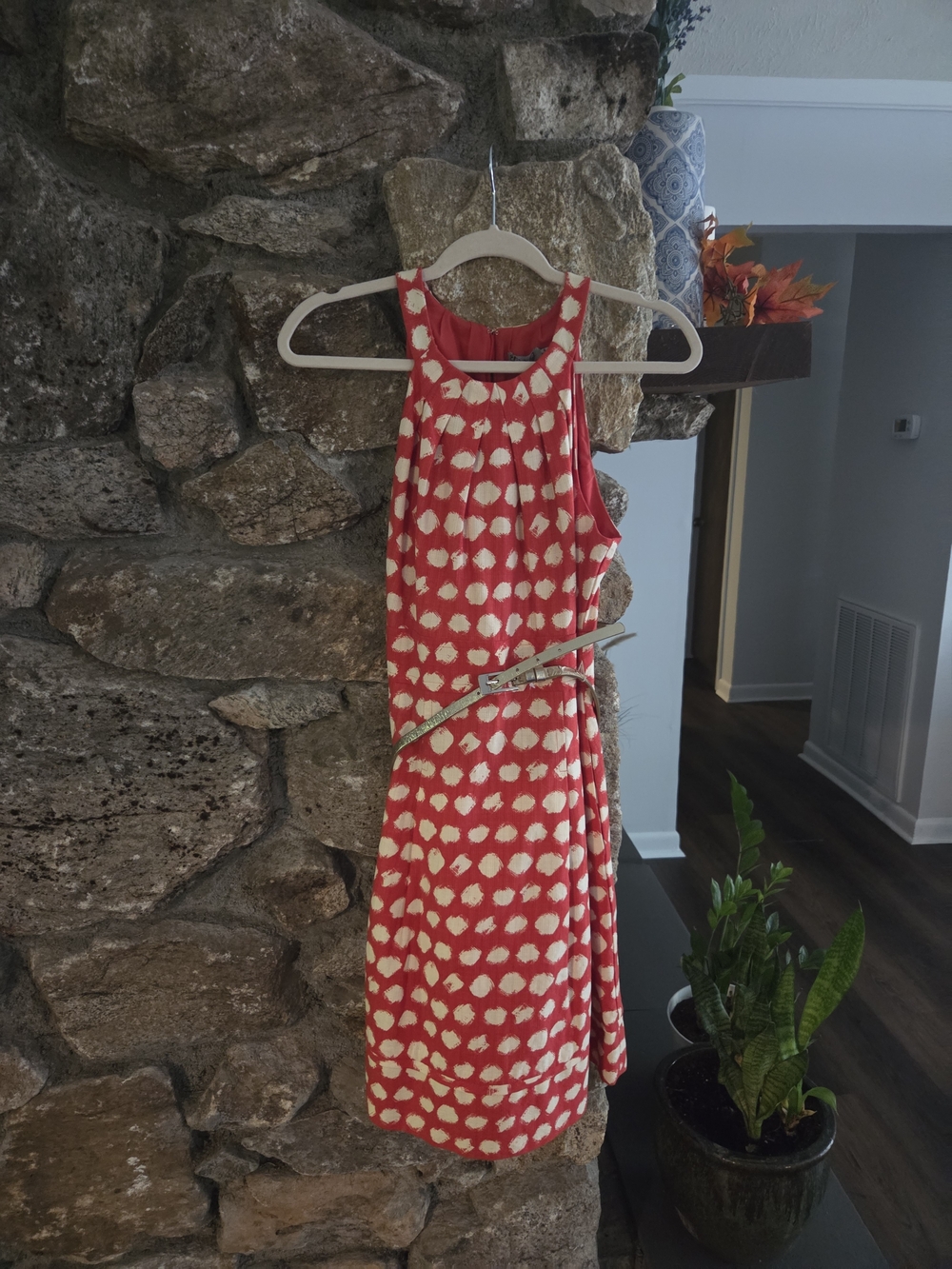 Eliza J Coral Halter Dress with Cream Spot Print